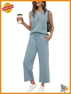 Two Piece Lounge Set: V-Neck Tank & Wide Leg Pants, Knit, Travel Outfit
